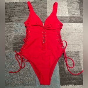 Red Lace-Up One Piece Swimsuit